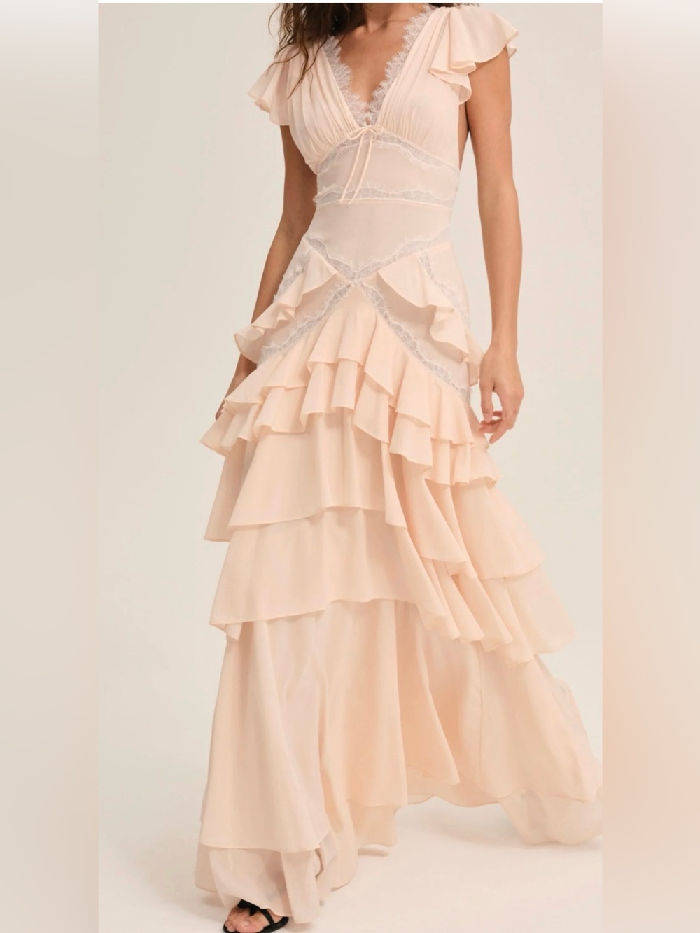 For Love & Lemons Blush Tiered Ruffle Maxi Dress